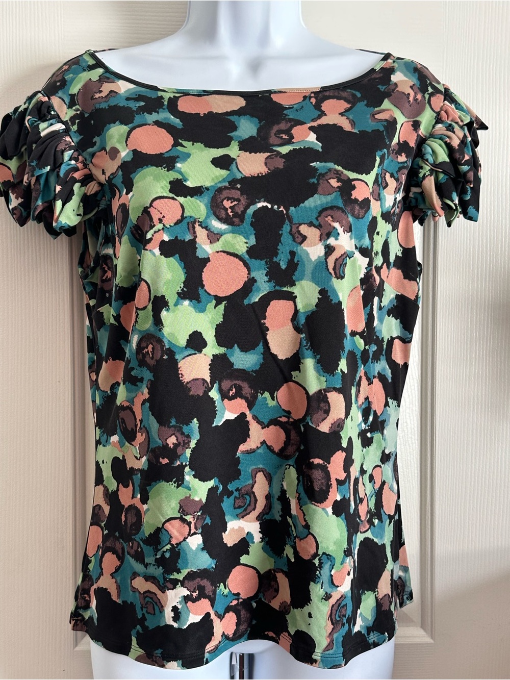 Catherine Malandrino Black, Green & Peach Abstract Print Short Sleeve Top